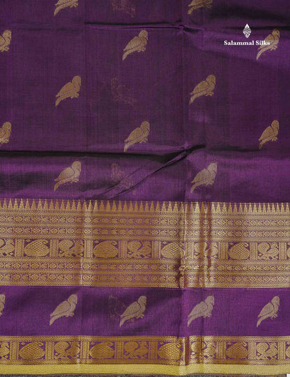 Pure Silk Cotton Saree - Dark Purple Parrot Butta Along With Traditional Evening Morning Border