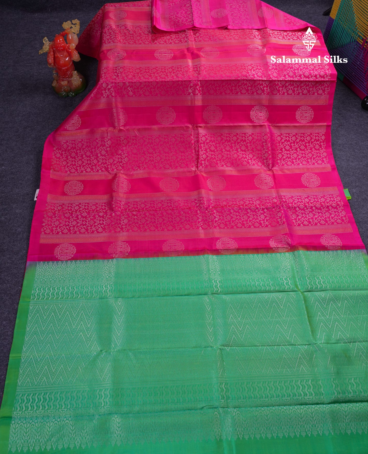 Beautiful Pink Fancy Pure Kanjivaram Silk Saree With Contrast Rexona Green Blouse