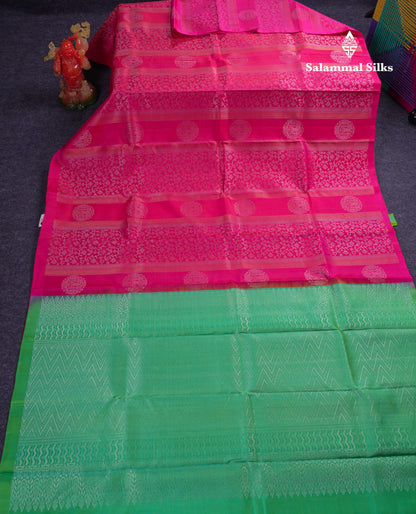 Beautiful Pink Fancy Pure Kanjivaram Silk Saree With Contrast Rexona Green Blouse