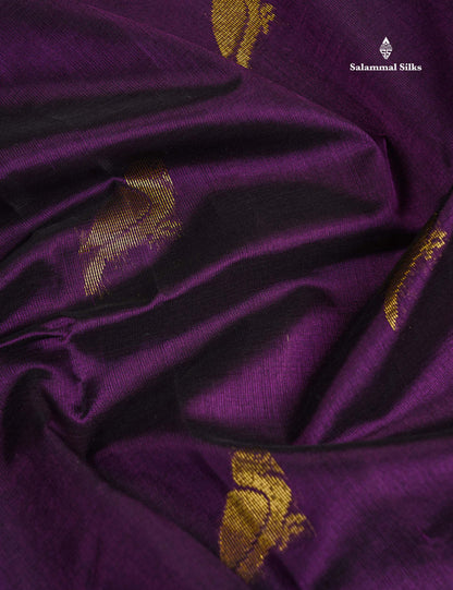 Pure Silk Cotton Saree - Dark Purple Parrot Butta Along With Traditional Evening Morning Border