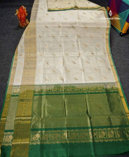 Pure Silk Cotton Saree - Half White Parrot Butta Along With Traditional Evening Morning Border