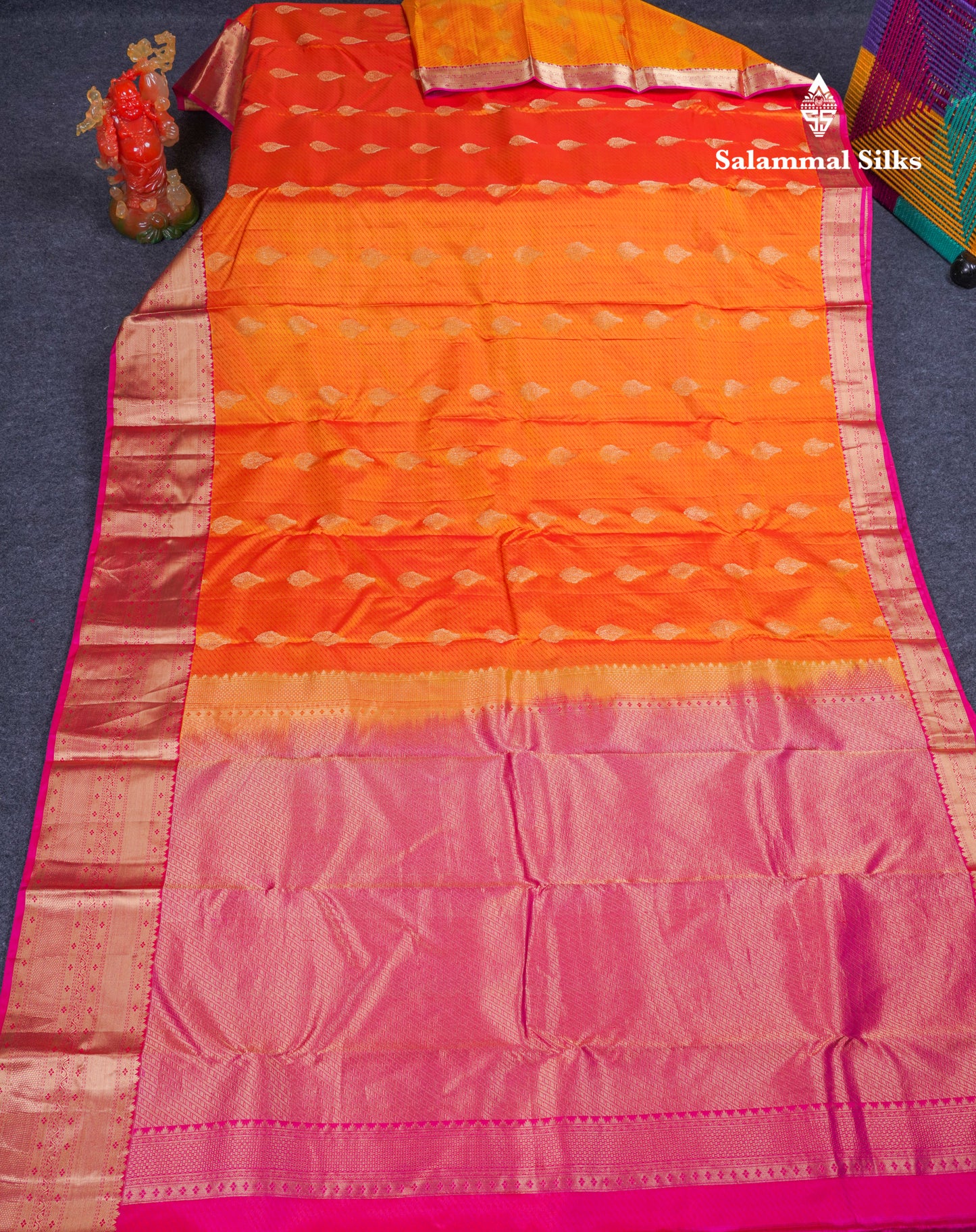 Beautiful Fanta Orange Pure Kanjivaram Silk Saree With Contrast Pink Border
