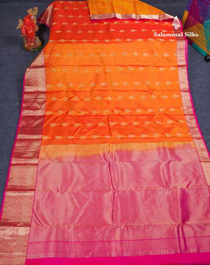 Beautiful Fanta Orange Pure Kanjivaram Silk Saree With Contrast Pink Border