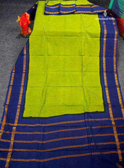 Sungudi Cotton Saree - Green Colour Plain Body With Contrast Navy Blue Gap Border