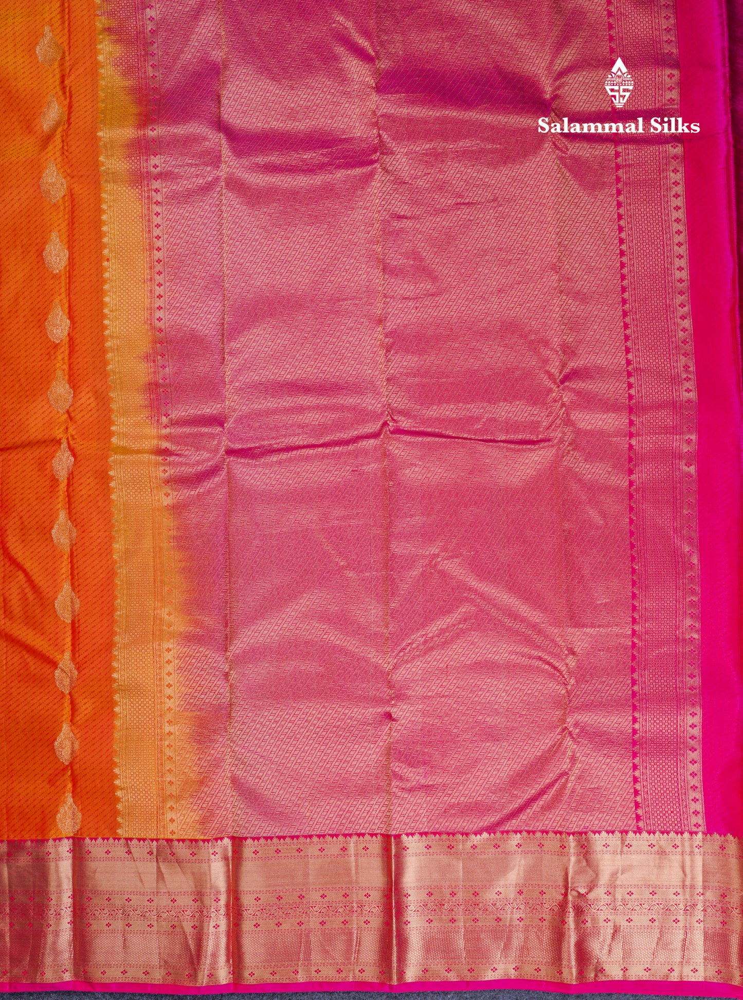 Beautiful Fanta Orange Pure Kanjivaram Silk Saree With Contrast Pink Border