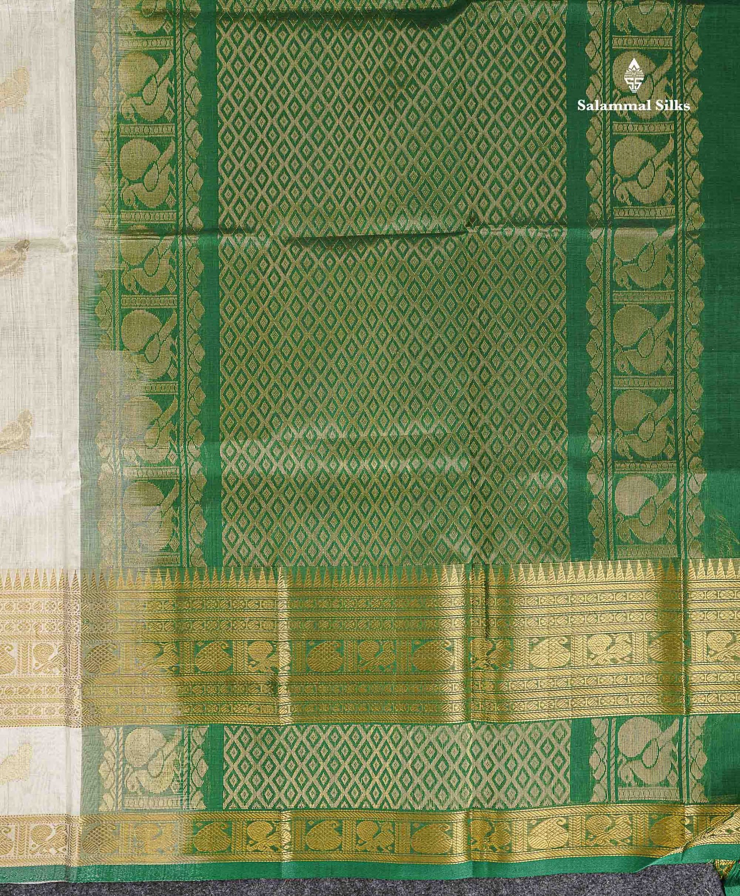 Pure Silk Cotton Saree - Half White Parrot Butta Along With Traditional Evening Morning Border