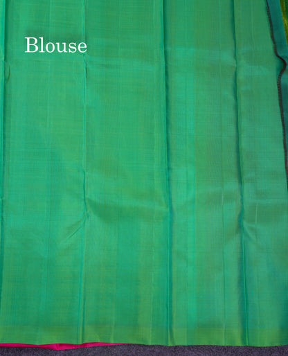Beautiful Pink Fancy Pure Kanjivaram Silk Saree With Contrast Rexona Green Blouse