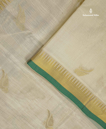 Pure Silk Cotton Saree - Half White Parrot Butta Along With Traditional Evening Morning Border