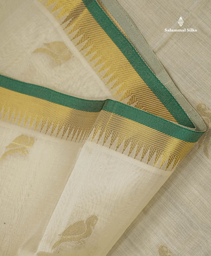 Pure Silk Cotton Saree - Half White Parrot Butta Along With Traditional Evening Morning Border