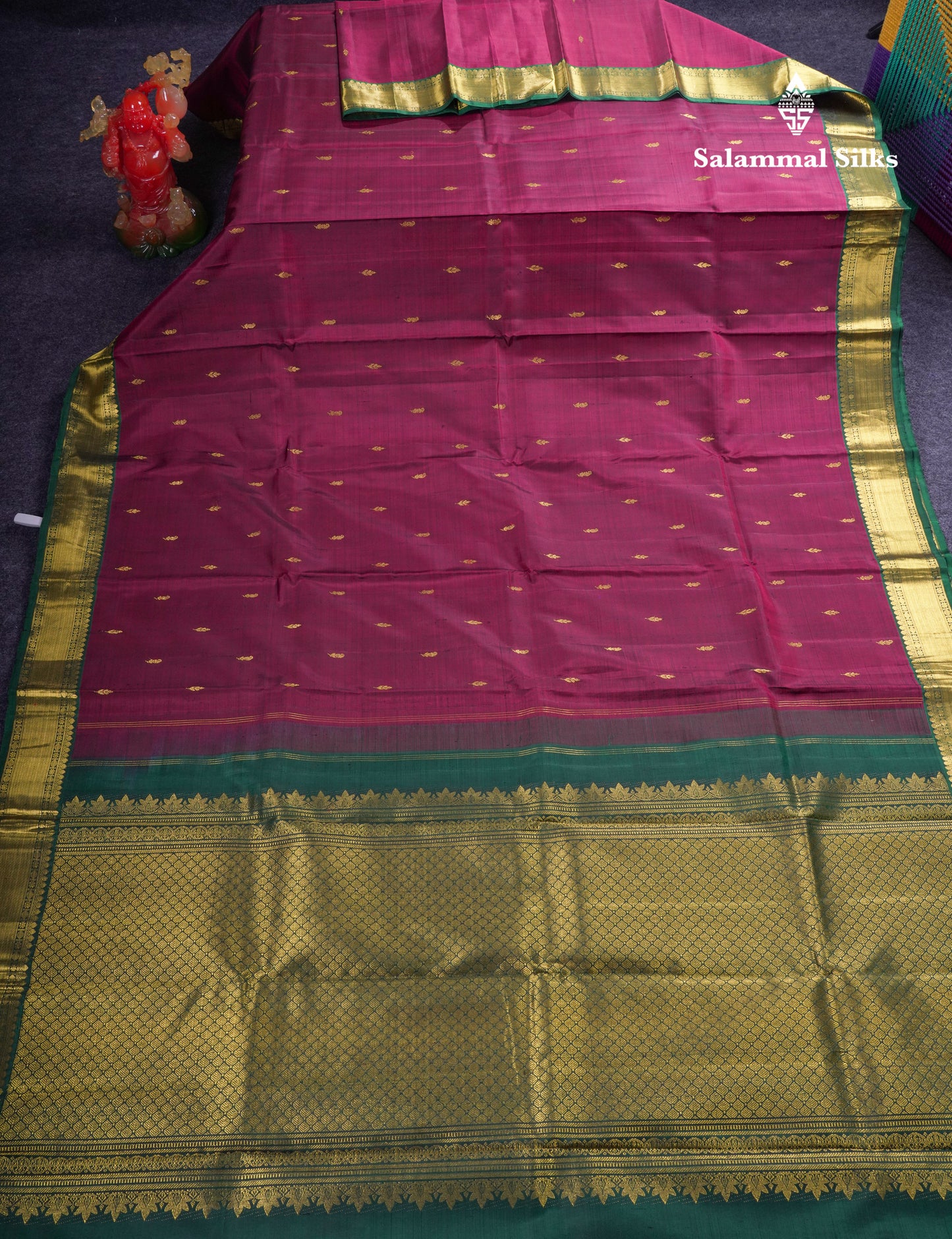 Beautiful Dark Maroon Pure Kanjivaram Silk Saree With Contrast Bottle Green Traditional Medium Border