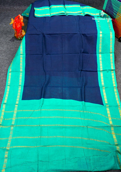 Sungudi Cotton Saree - Navy Blue Colour Plain Body With Contrast Sapphire Green Gap Border