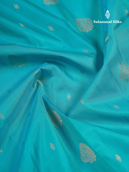 Beautiful Light Ramar Blue Pure Kanjivaram Silk Saree With Traditional Border