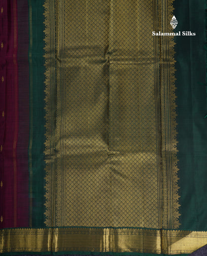 Beautiful Dark Maroon Pure Kanjivaram Silk Saree With Contrast Bottle Green Traditional Medium Border