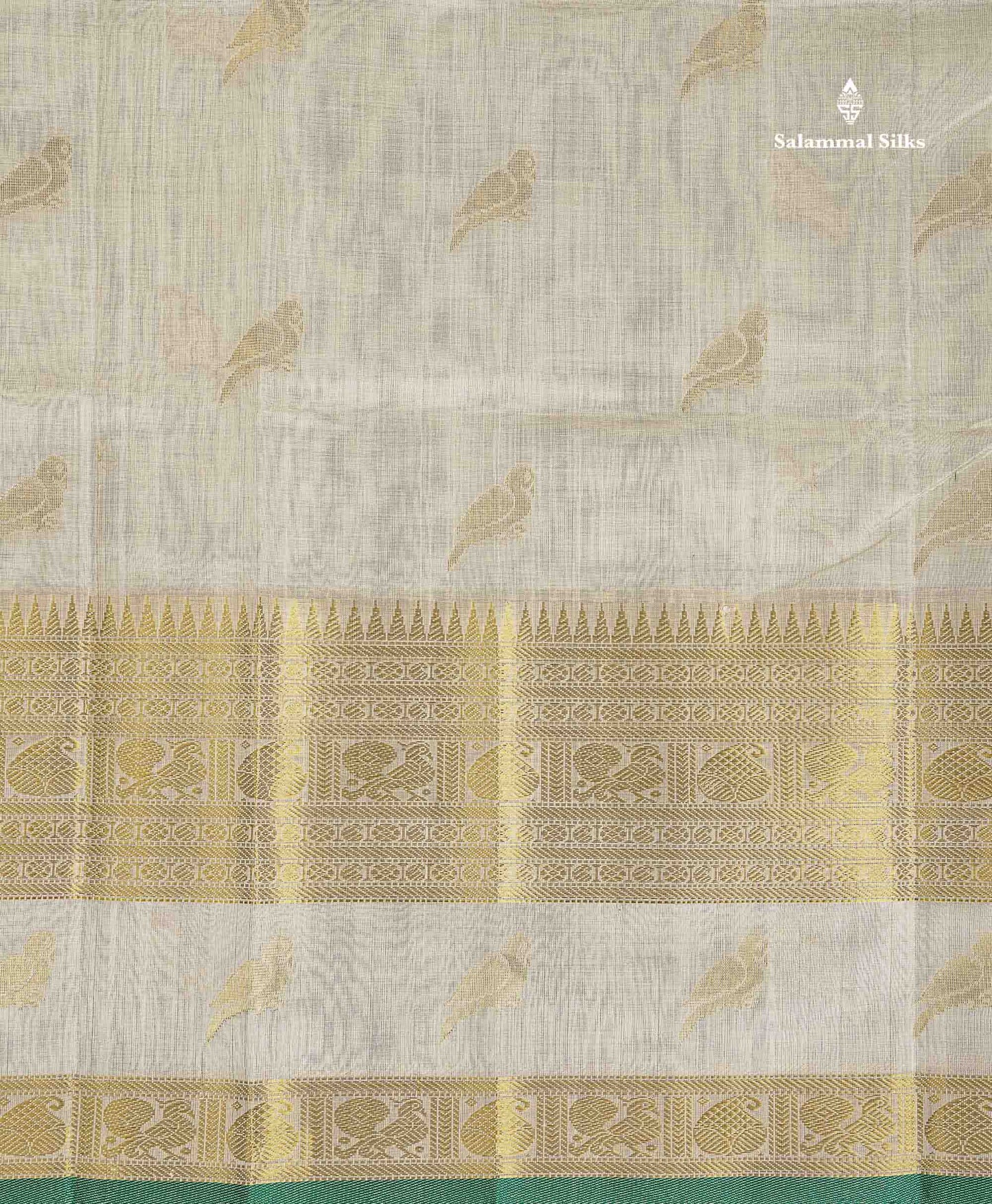 Pure Silk Cotton Saree - Half White Parrot Butta Along With Traditional Evening Morning Border