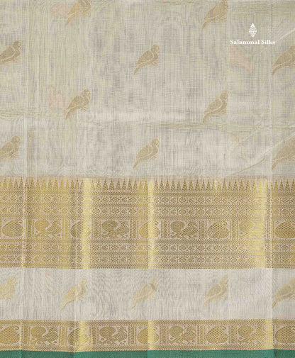 Pure Silk Cotton Saree - Half White Parrot Butta Along With Traditional Evening Morning Border
