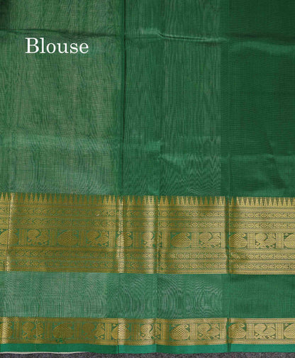 Pure Silk Cotton Saree - Half White Parrot Butta Along With Traditional Evening Morning Border