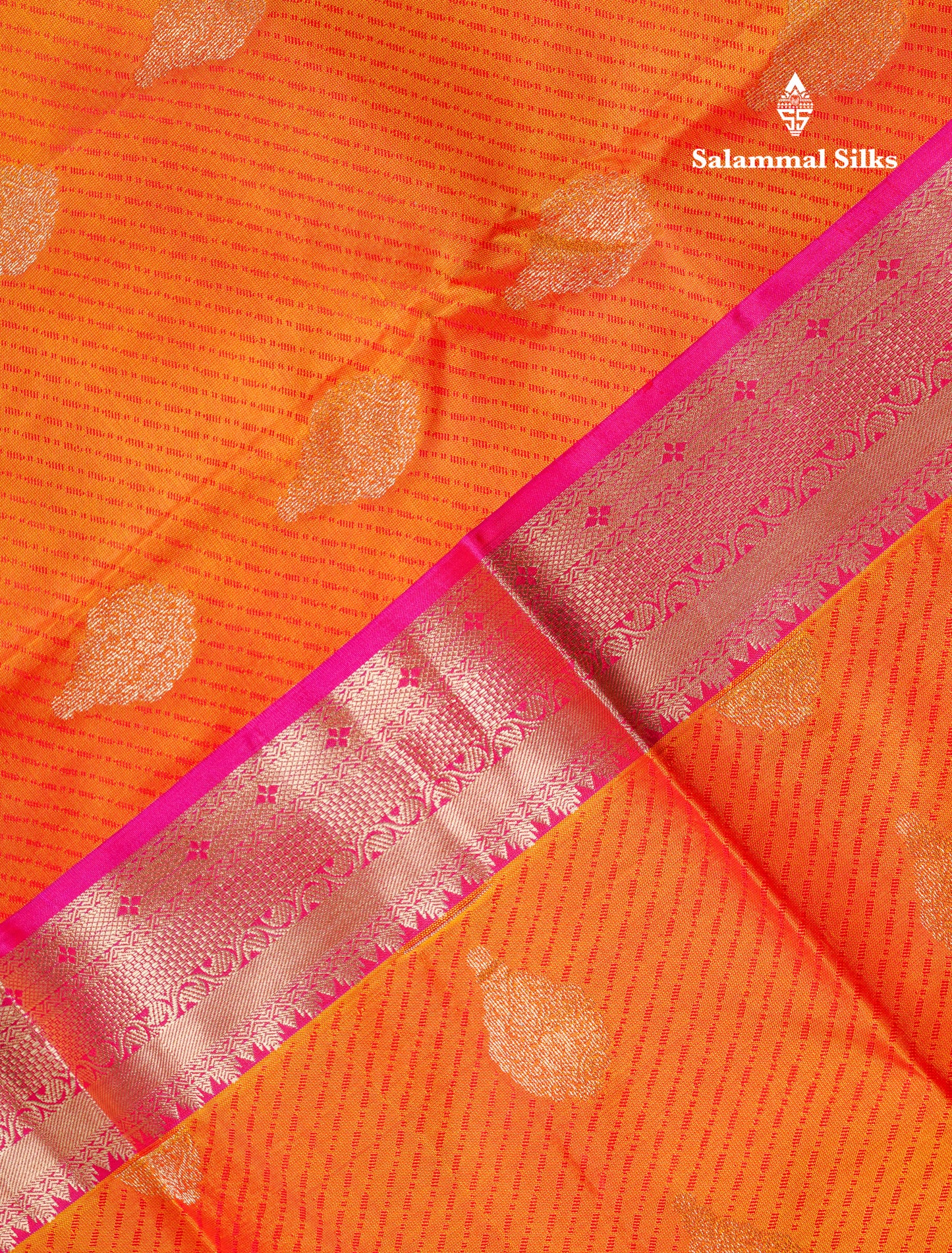 Beautiful Fanta Orange Pure Kanjivaram Silk Saree With Contrast Pink Border