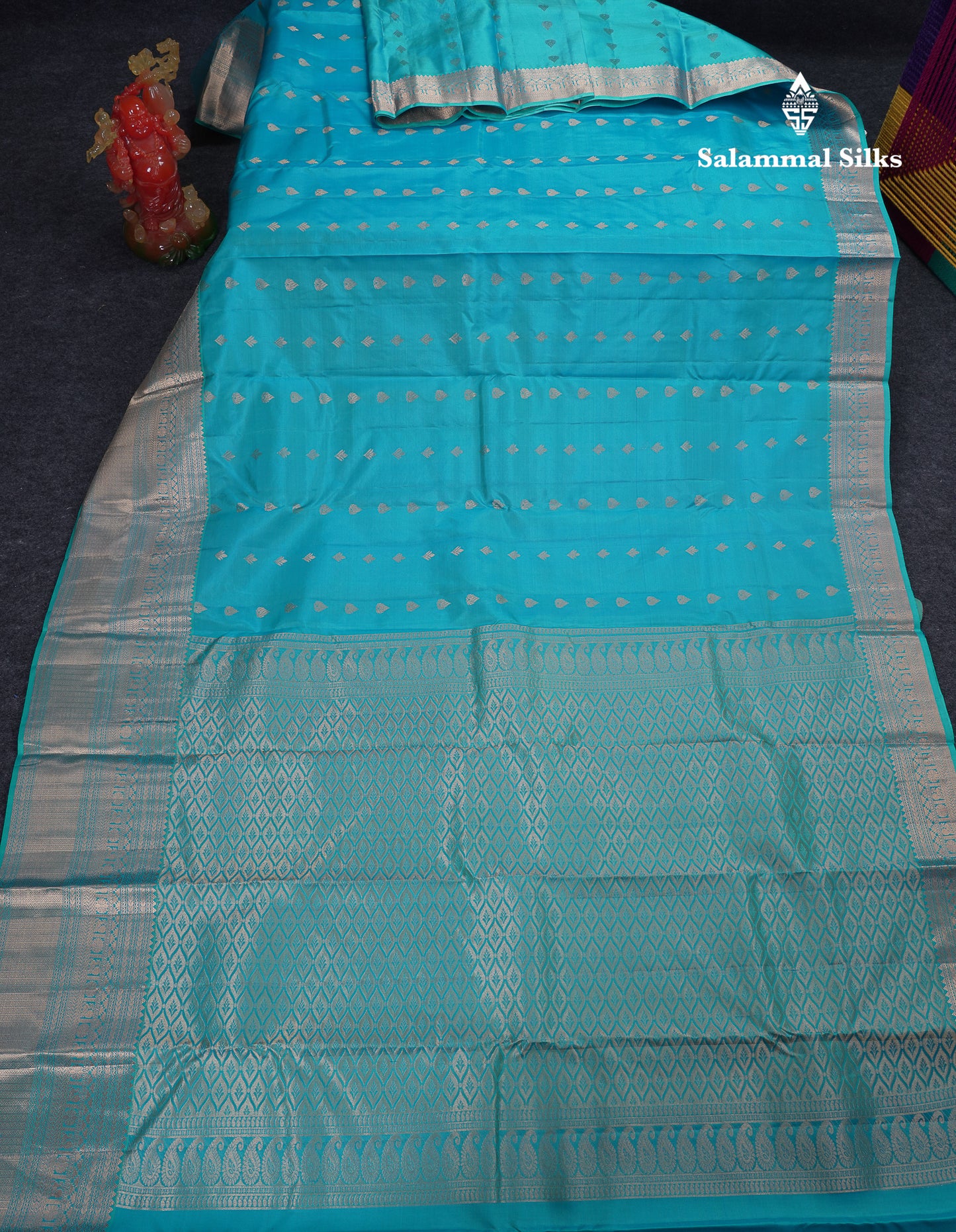 Beautiful Light Ramar Blue Pure Kanjivaram Silk Saree With Traditional Border
