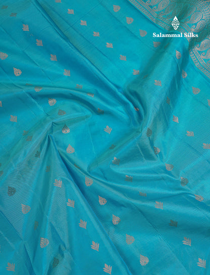 Beautiful Light Ramar Blue Pure Kanjivaram Silk Saree With Traditional Border
