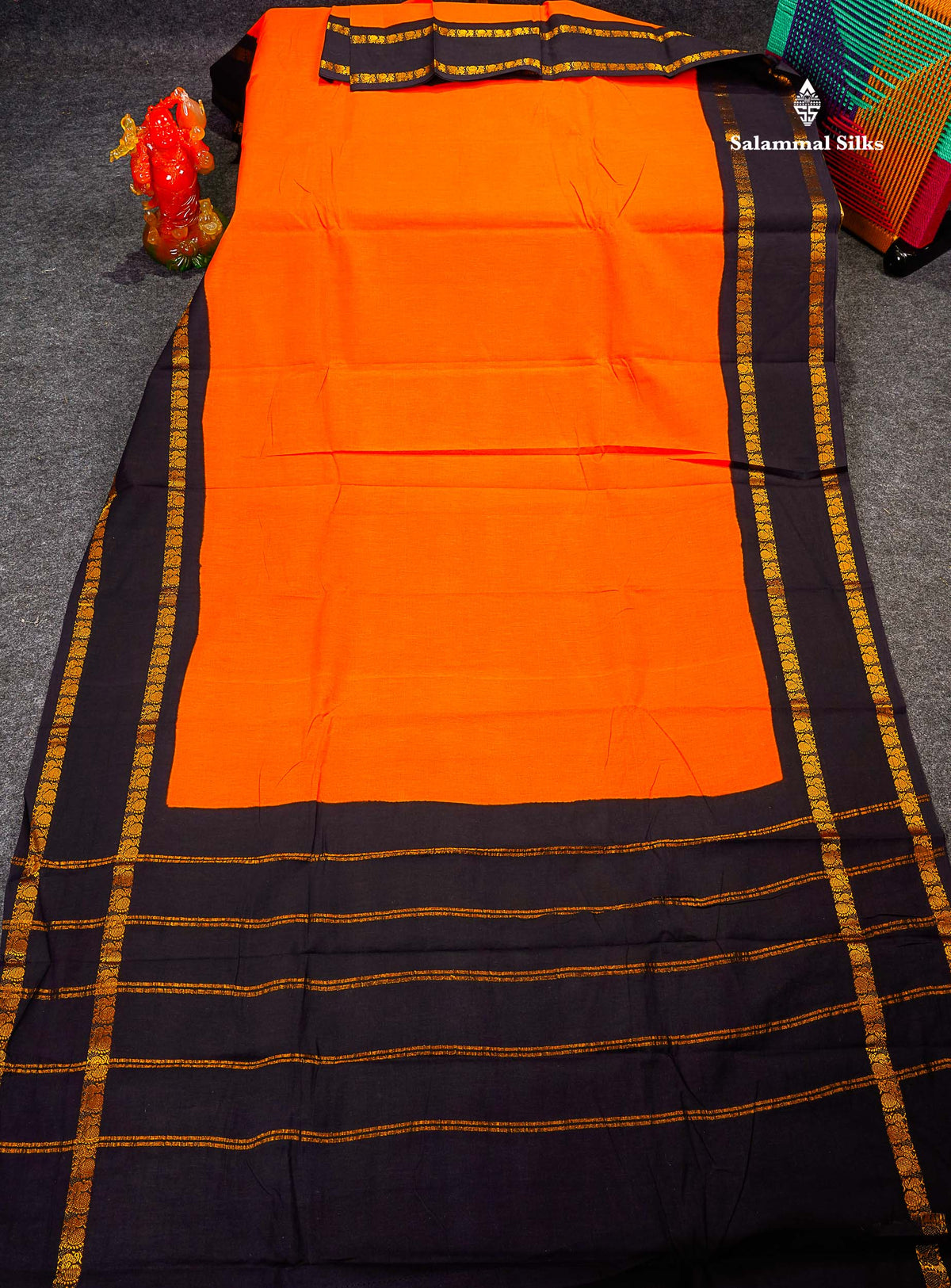 Sungudi Cotton Saree - Orange Colour Body Plain With Contrast Black Gap Border