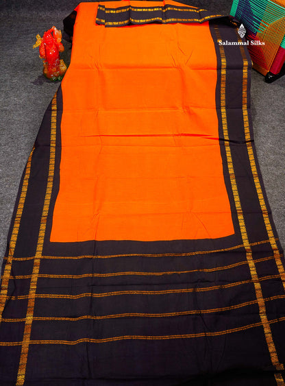 Sungudi Cotton Saree - Orange Colour Body Plain With Contrast Black Gap Border