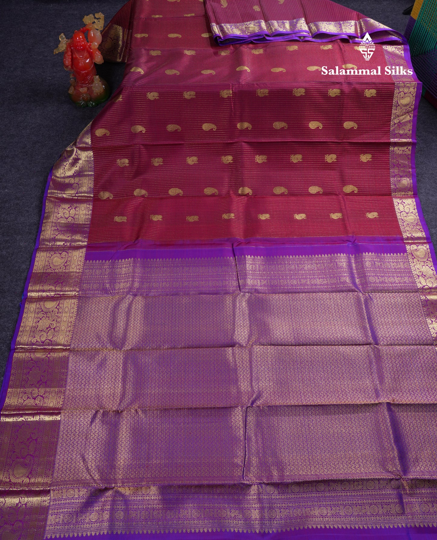 Beautiful Dark Maroon Pure Kanjivaram Silk Saree With Contrast Purple Traditional Border