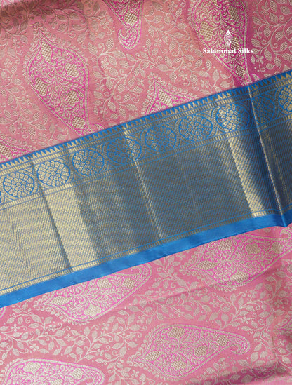Beautiful Pink Tissue Pure Kanjivaram Silk Saree (2G) Zari With Contrast Royal Blue Border