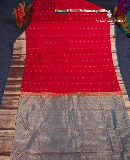 Beautiful Red Pure Kanjivaram Silk Saree With Contrast Dual Tone Blue Traditional Border