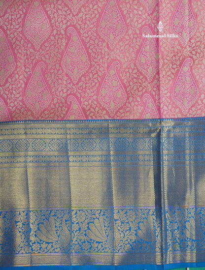 Beautiful Pink Tissue Pure Kanjivaram Silk Saree (2G) Zari With Contrast Royal Blue Border