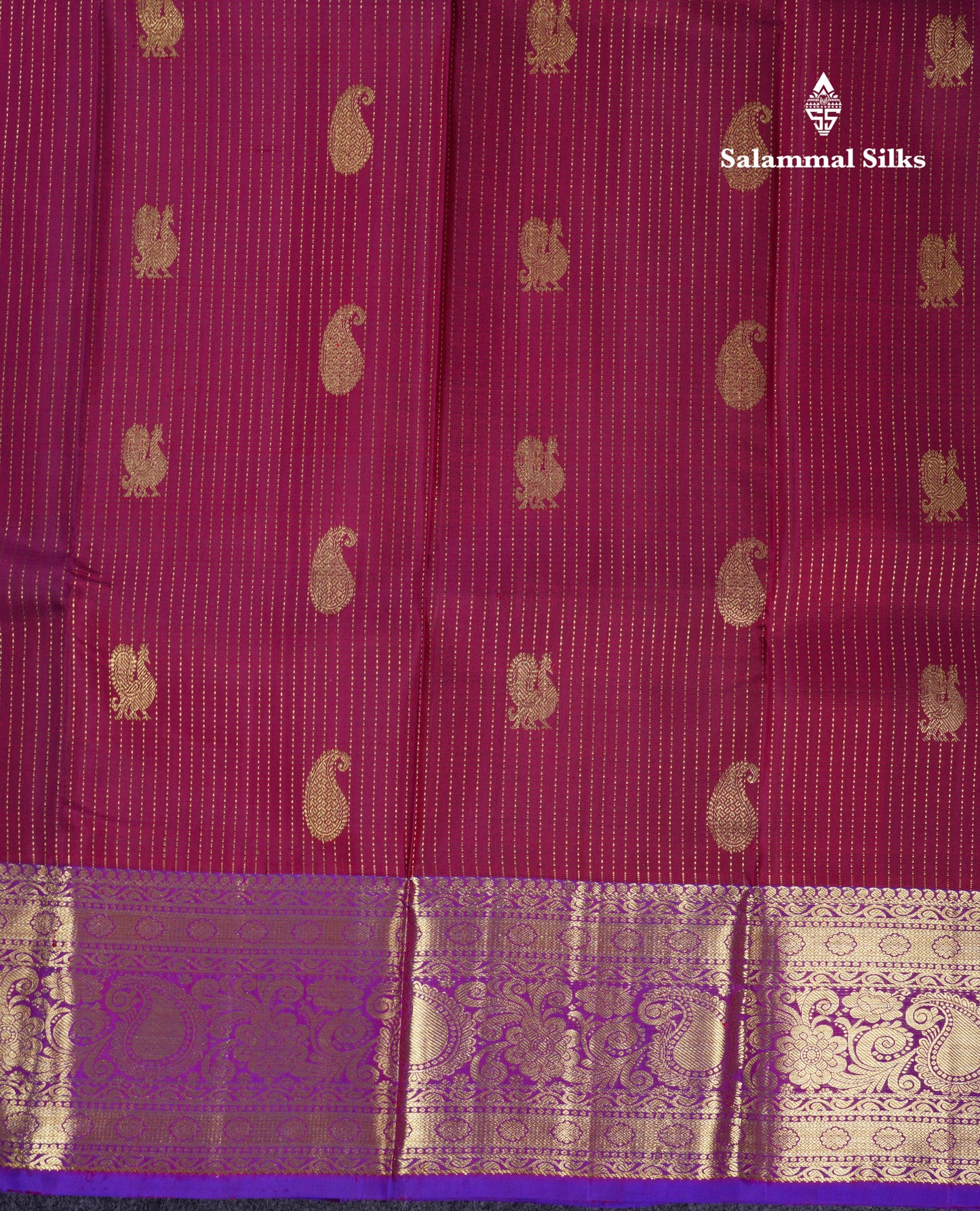 Beautiful Dark Maroon Pure Kanjivaram Silk Saree With Contrast Purple Traditional Border