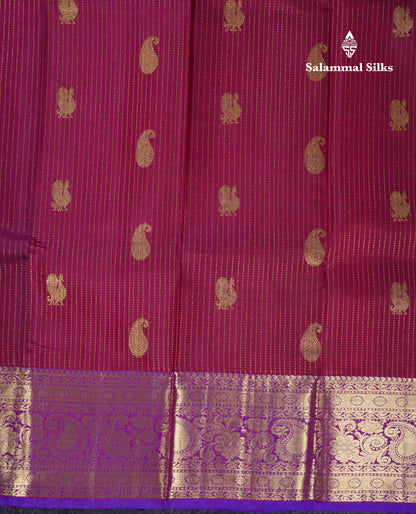 Beautiful Dark Maroon Pure Kanjivaram Silk Saree With Contrast Purple Traditional Border
