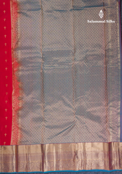 Beautiful Red Pure Kanjivaram Silk Saree With Contrast Dual Tone Blue Traditional Border