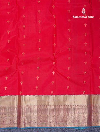 Beautiful Red Pure Kanjivaram Silk Saree With Contrast Dual Tone Blue Traditional Border