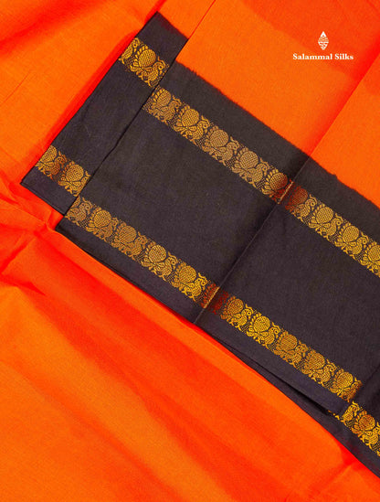 Sungudi Cotton Saree - Orange Colour Body Plain With Contrast Black Gap Border