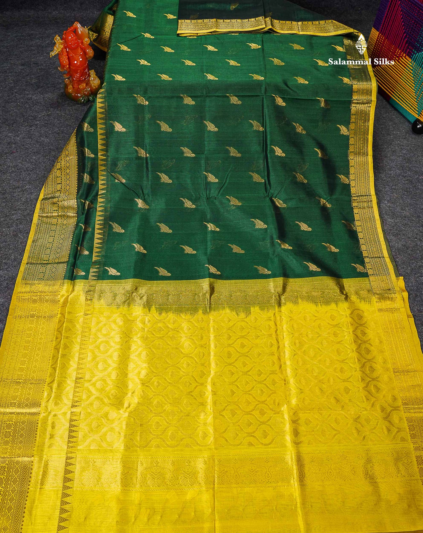 Pure Silk Cotton Saree - Bottle Green Parrot Butta Along With Traditional Evening Morning Border