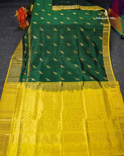 Pure Silk Cotton Saree - Bottle Green Parrot Butta Along With Traditional Evening Morning Border