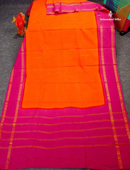 Sungudi Cotton Saree - Orange Colour Plain Body With Contrast Magenta Pink Gap Border 