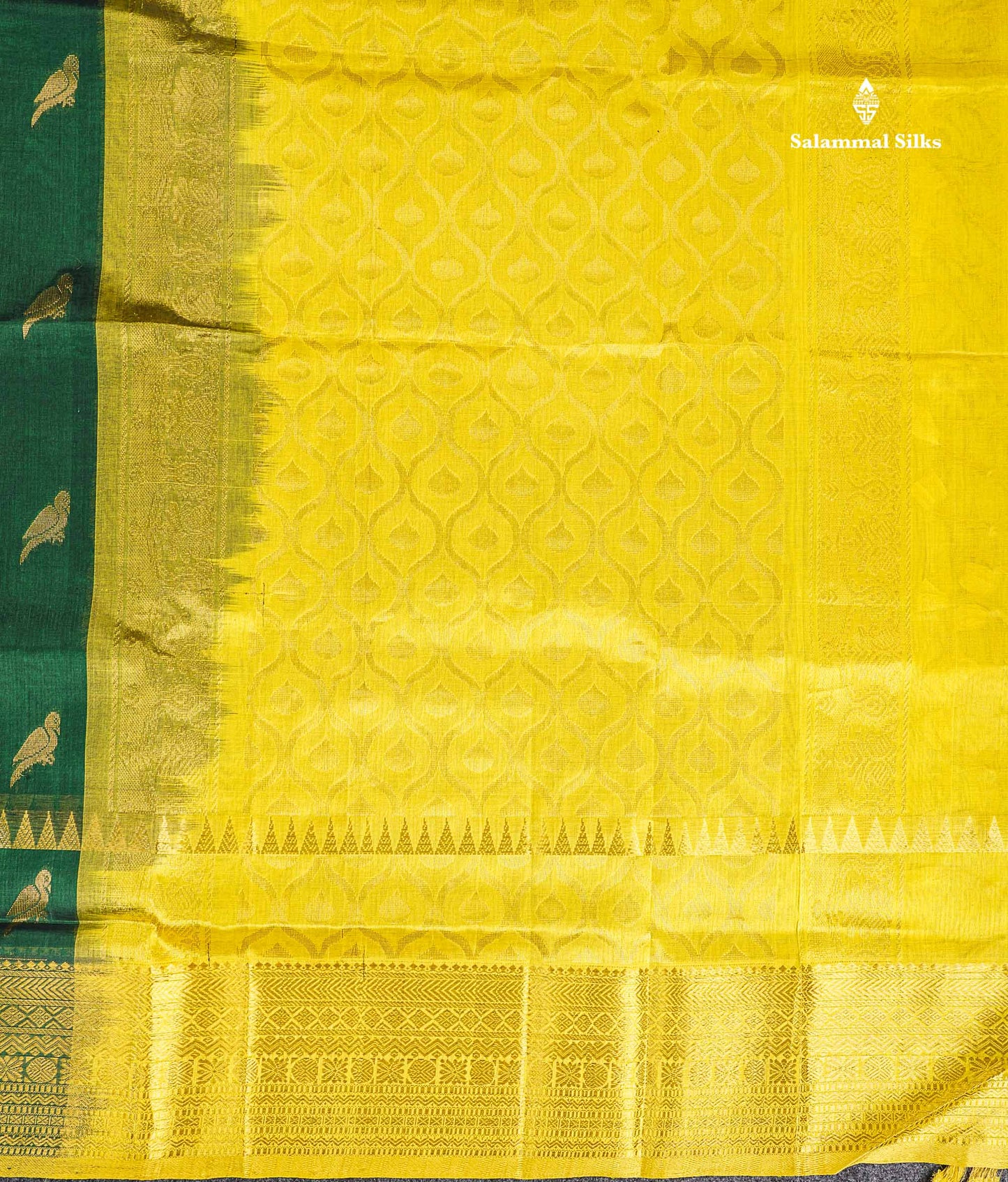 Pure Silk Cotton Saree - Bottle Green Parrot Butta Along With Traditional Evening Morning Border
