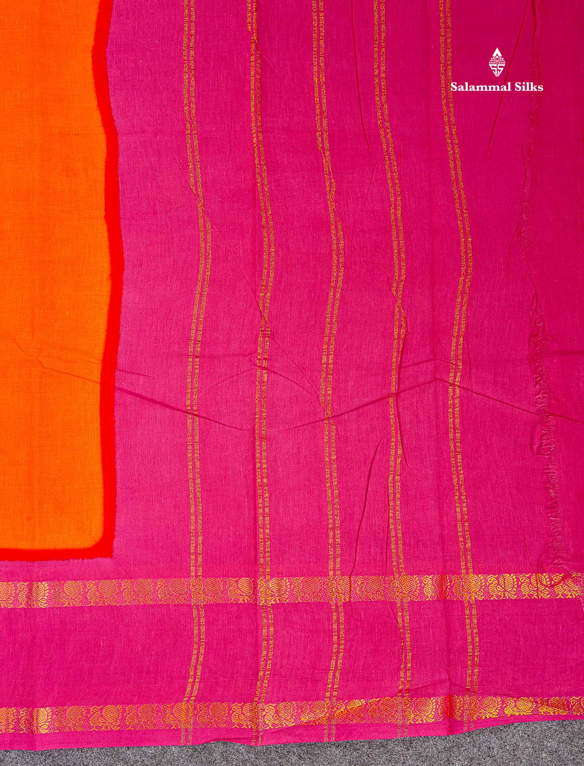 Sungudi Cotton Saree - Orange Colour Plain Body With Contrast Magenta Pink Gap Border