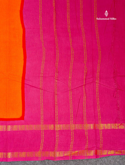 Sungudi Cotton Saree - Orange Colour Plain Body With Contrast Magenta Pink Gap Border