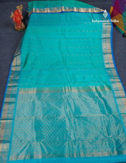 Beautiful Dual Tone Sapphire Green Pure Kanjivaram Silk Saree With Contrast Sapphire Blue Border