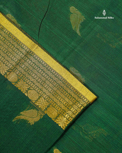 Pure Silk Cotton Saree - Bottle Green Parrot Butta Along With Traditional Evening Morning Border