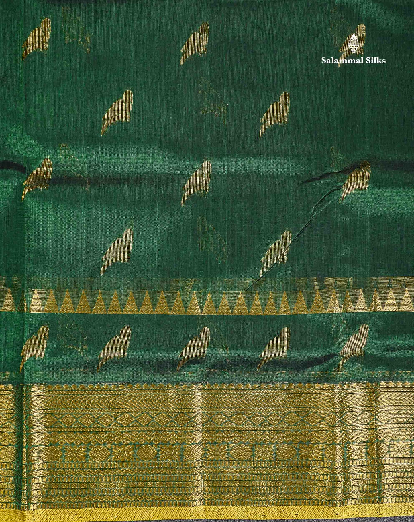 Pure Silk Cotton Saree - Bottle Green Parrot Butta Along With Traditional Evening Morning Border