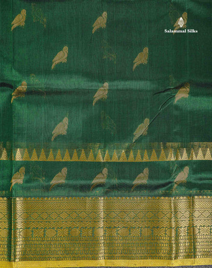 Pure Silk Cotton Saree - Bottle Green Parrot Butta Along With Traditional Evening Morning Border