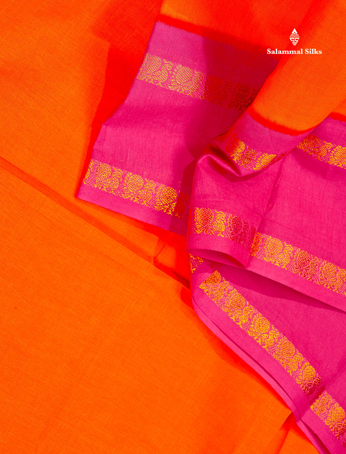 Sungudi Cotton Saree - Orange Colour Plain Body With Contrast Magenta Pink Gap Border