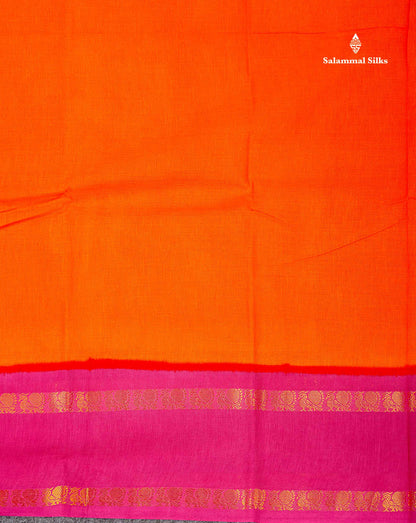 Sungudi Cotton Saree - Orange Colour Plain Body With Contrast Magenta Pink Gap Border