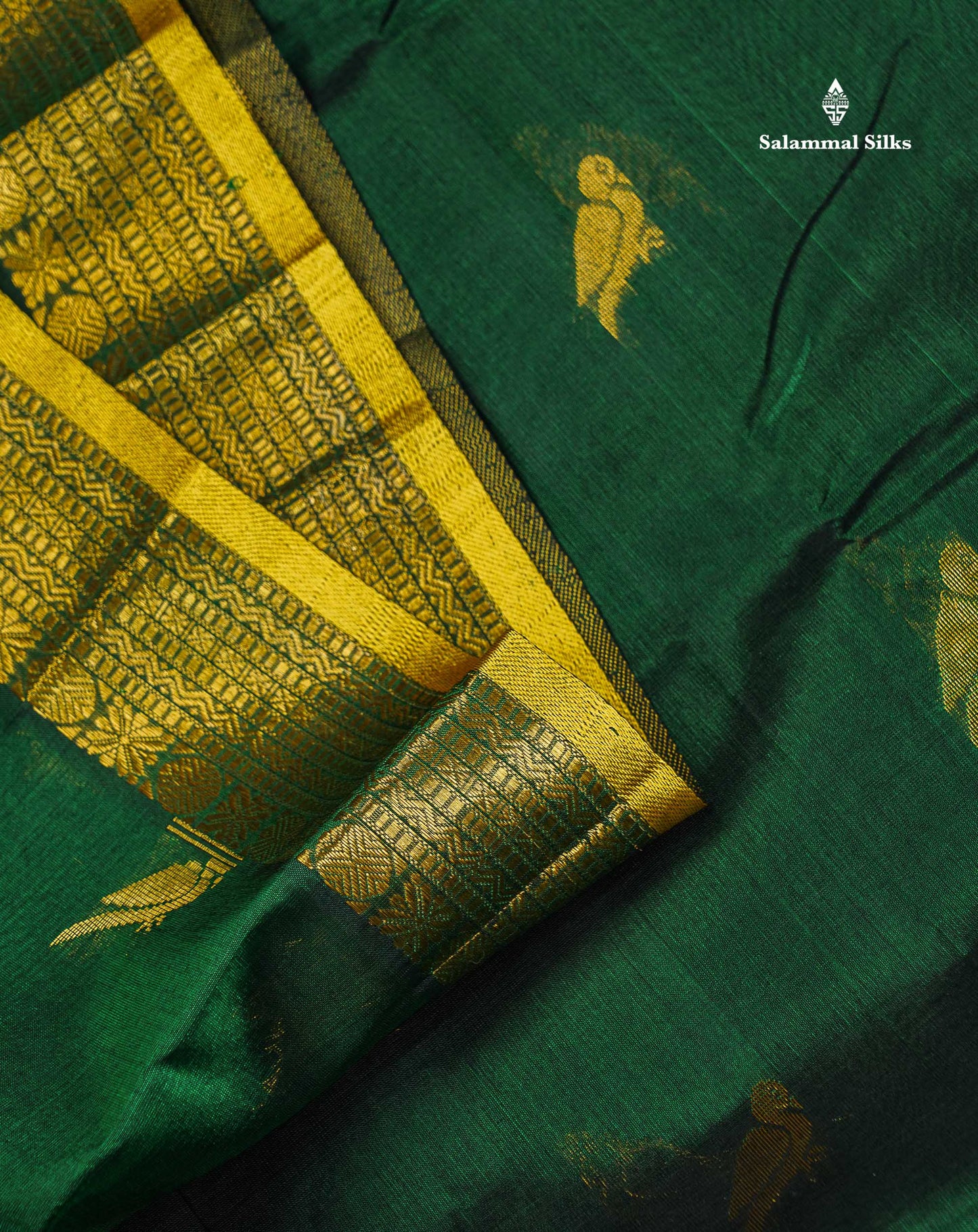 Pure Silk Cotton Saree - Bottle Green Parrot Butta Along With Traditional Evening Morning Border