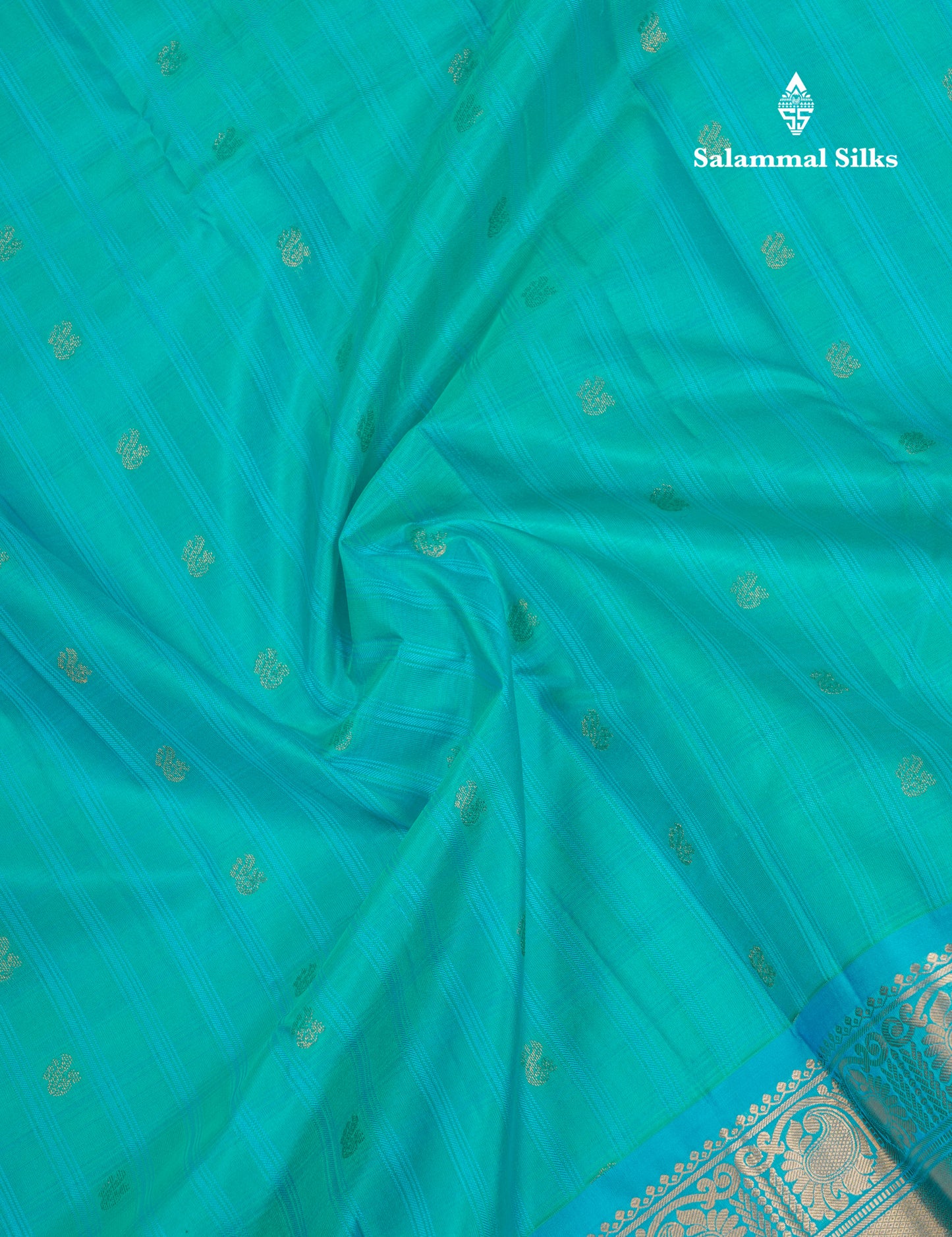 Beautiful Dual Tone Sapphire Green Pure Kanjivaram Silk Saree With Contrast Sapphire Blue Border
