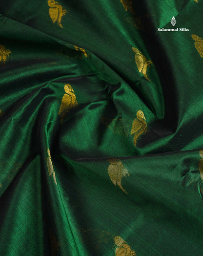 Pure Silk Cotton Saree - Bottle Green Parrot Butta Along With Traditional Evening Morning Border
