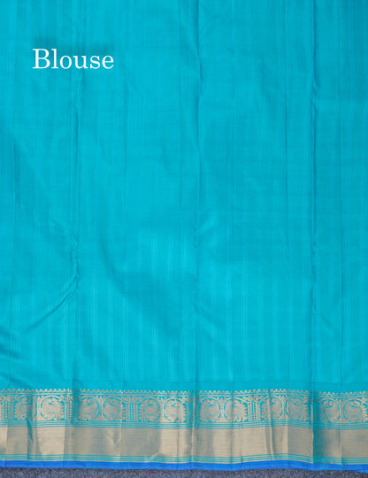 Beautiful Dual Tone Sapphire Green Pure Kanjivaram Silk Saree With Contrast Sapphire Blue Border